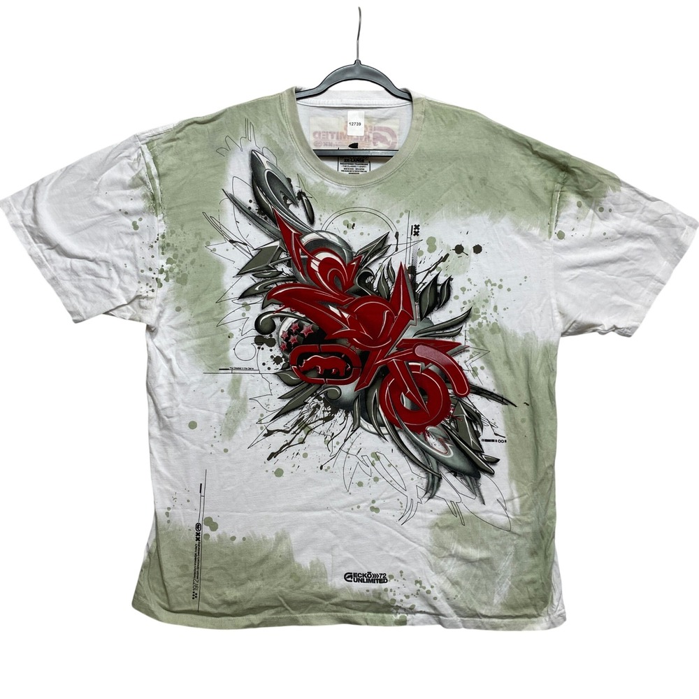 Ecko Unltd T-Shirt Mens 2XL White Green Graffiti Graphic Splatter Tee